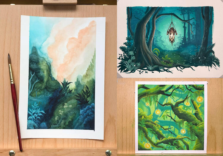 Gouache painting practice, following Ruth Wilshaw's tutorials